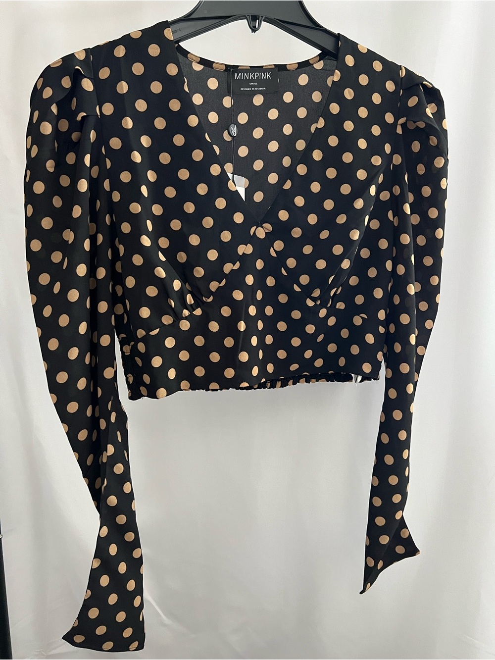 MINKPINK Black Long Sleeve V-Neck Polka Dot Crop Top
